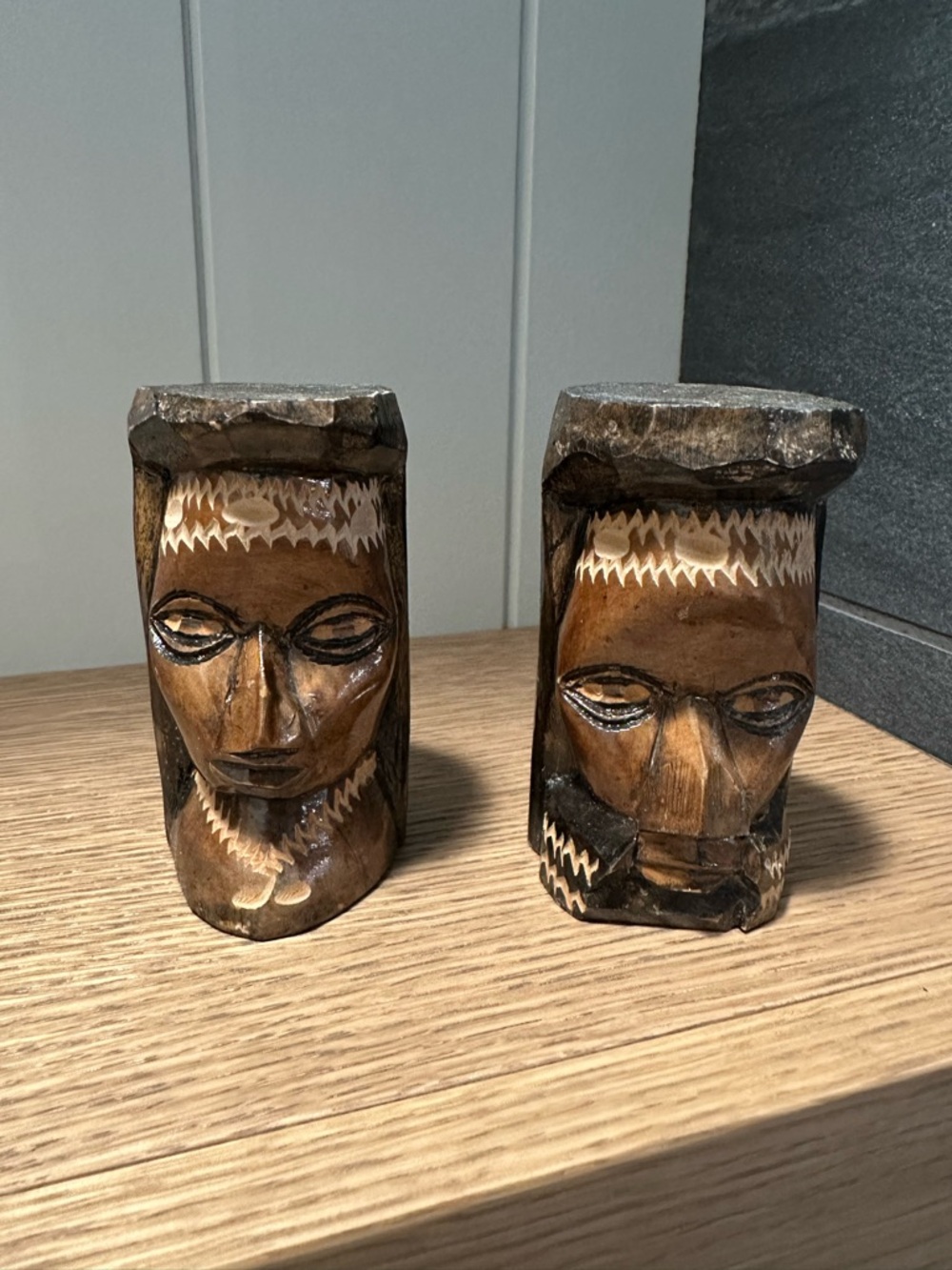 Vintage Hand Carved Wooden Tiki Figures Pair Tribal Statues Mid Century Folk Art